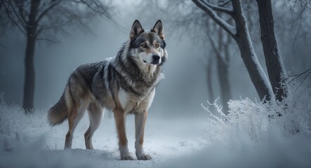 Naklejka premium Stunning Wolfdog in a snowy woodland. Czechoslovakian wolfdog amidst the frost.