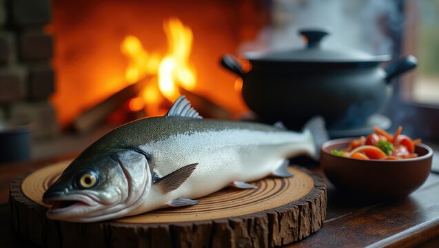 Freshly caught taimen on a wooden board beside a fire, preparing fish soup.