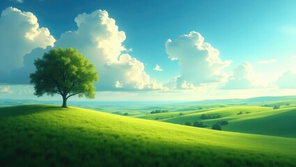 Obraz premium Stunning wide-angle vista featuring a solitary tree amidst lush green fields under a bright blue sky dotted with distant white clouds.