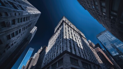 Fototapeta premium Buildings under a blue sky from a low-angle view, Lower Manhattan, New York City, USA
