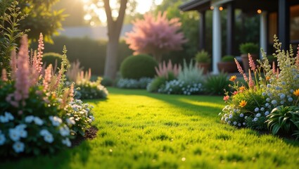 Naklejka premium Springtime backyard scene featuring a landscaped garden with a mix of tall and short plants and flowers, centered around a rounded green lawn that is lush and manicured, illuminated by the morning ...