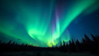 A breathtaking nightscape captures the aurora borealis dancing across the sky, with vibrant hues of green, purple, and blue painting the celestial canvas