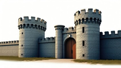 Image depicting a medieval fortress wall with a brick archway, an old town entrance, and a vintage wooden door. Historical illustration of a gray castle set against a white backdrop, featuring a ma...