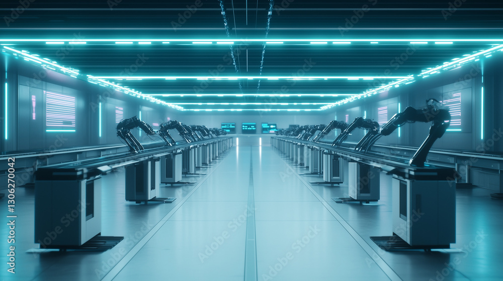 Aufkleber robotic assembly line: a futuristic factory setting, featuring a long row of advanced robotic arms d