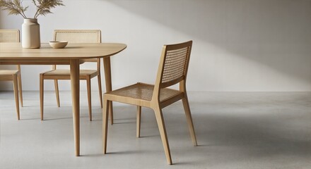  Modern Minimalist Wooden Dining Set with Rattan Chair and Natural Aesthetic Interior