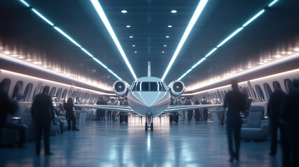 Fototapeta premium Luxury Aviation Hub: Captivating front view of a sleek private jet in a modern hangar.