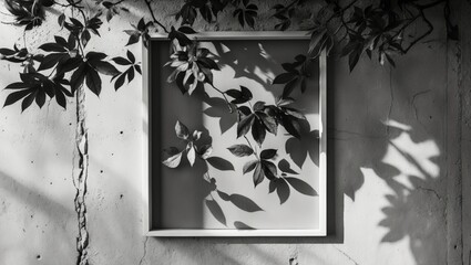Monochrome nature artwork displayed on a wall featuring abstract leaf shadows against a gray backdrop, with real leaves falling onto a textured white concrete surface.