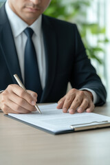 lawyer in suit signing legal documents at desk, symbolizing professionalism and legal processes