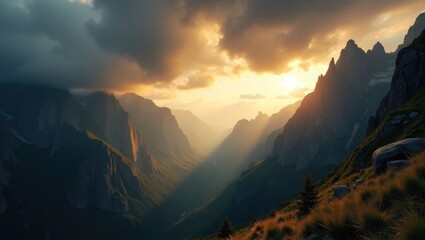 Stunning midday shot from a low angle featuring majestic rocky peaks under a dramatic grey sky.