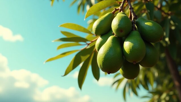 A bunch of avocados hanging from a branch of an avocado tree.