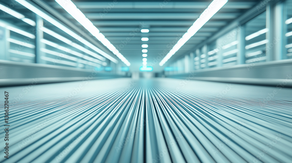 Poster a futuristic moving walkway in a commercial setting, with repeating metallic lines and illuminated p