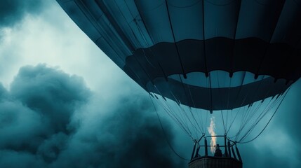 Obraz premium Hot air balloon ascending through dramatic clouds.