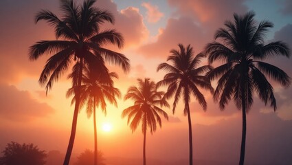 Palm trees against a backdrop of a cloudy sunset.