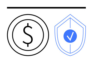 Dollar coin and shield with checkmark representing financial security and protection. Ideal for banking, insurance, saving, investment, cybersecurity, fraud prevention, risk management. Flat simple