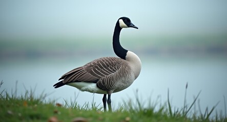 Fototapeta premium Canadian goose surveying her territory in the marsh from a side perspective.