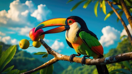 Colorful Keel-billed Toucan, Ramphastos sulfuratus, perched on a branch with fruit in its bill, against a blue sky backdrop in Belize's habitat.