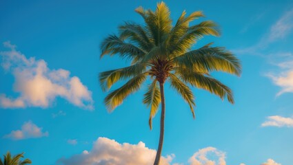 A tropical scene featuring a coconut palm tree under a clear blue sky.