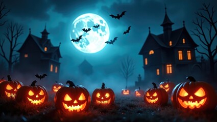Enchanting illustration of a Spooky Halloween Landscape featuring Glowing Jack o Lanterns (carved pumpkins), Creepy Houses, Fog, Bats, and a Full Moon