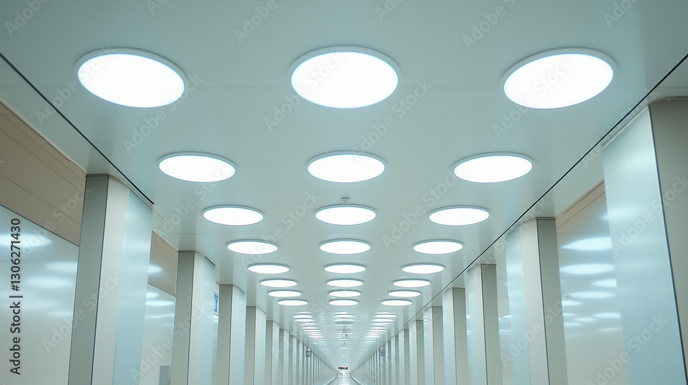 Poster illuminated corridor: this image captures a long, symmetrical corridor with a ceiling filled with ro