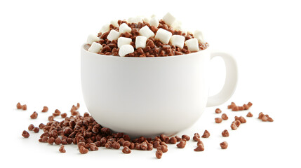 white cup filled with hot chocolate topped with marshmallows and chocolate pieces, creating cozy and inviting treat