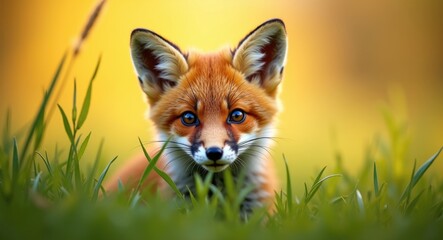 Fototapeta premium Intimate shot of a young fox amidst greenery