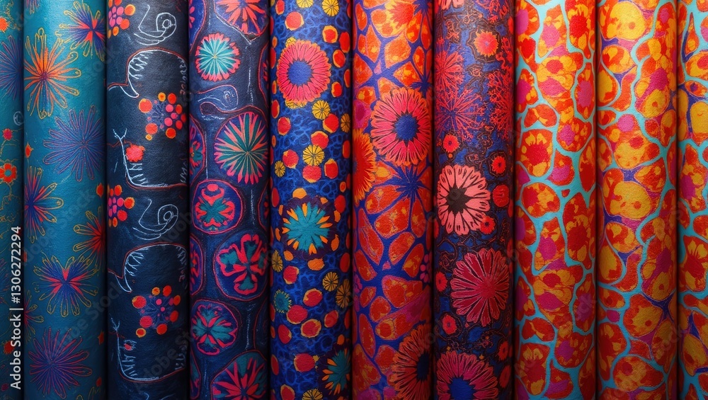 Poster vivid textile designs featuring geometric patterns and net-like elements.