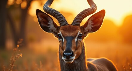 Buck Kudu Bulls in Nature: Close-Up Portrait of a Kudu Bull with Majestic Horns on a Hot Summer Day in a Safari Wildlife Park.
