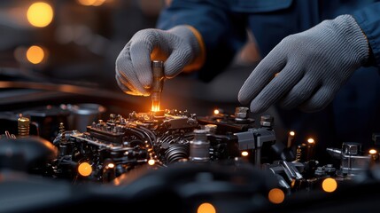 A mechanic works on a car engine, using a tool to adjust components under warm, glowing lights in a workshop.