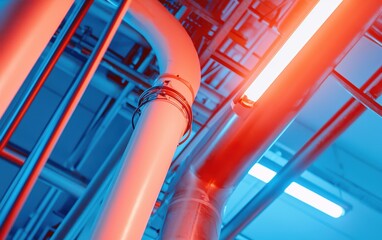 Naklejka premium Cyberpunk-inspired wiring system with glowing blue and red cables, futuristic AI-powered machine control interface in a factory setting