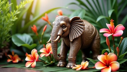 A decorative elephant is displayed among tropical flowers, lush foliage, and palm leaves.