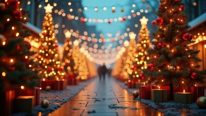 Festive holiday backdrop featuring decorative elements against a soft-focus background with space for text.