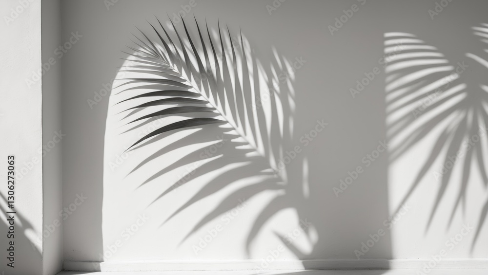 Poster monochrome palm frond shadow creating an abstract design on a white wall backdrop. empty copy space