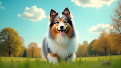 Charming Shetland sheepdog posed in the park, gazing at the camera