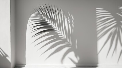 Monochrome palm frond shadow creating an abstract design on a white wall backdrop. Empty copy space