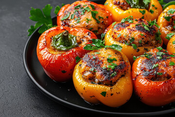 Stuffed bell peppers filled with seasoned meat and herbs, garnished with parsley on black plate