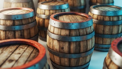 Fototapeta premium Wooden barrels positioned against a white backdrop