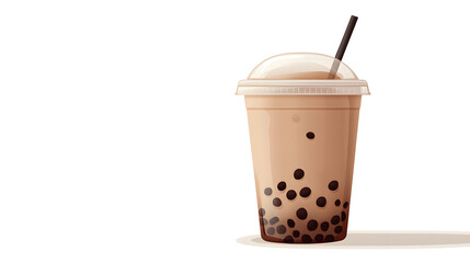 trendy bubble tea with tapioca pearls in clear plastic cup and straw. drink is set against white background, highlighting its creamy texture and dark pearls