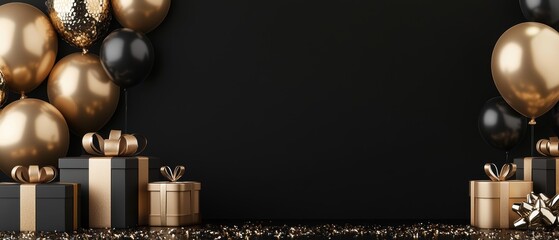 A festive arrangement of black and gold balloons with gift boxes, set against a sleek black background, perfect for celebration themes.