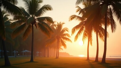 Tropical coconut trees in a lush park by the beach at sunset with a bokeh effect.
