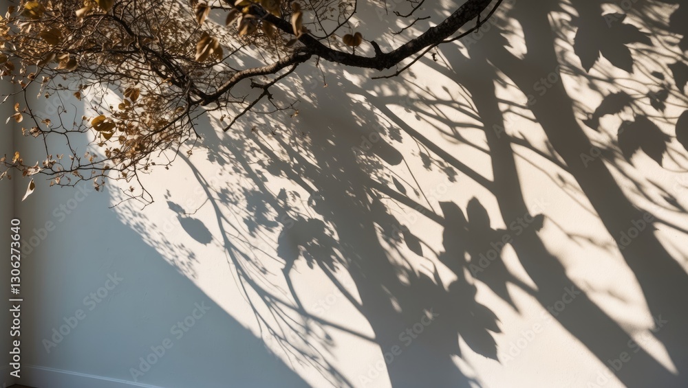 Poster tree branches and leaf shadows creating a natural backdrop. features include foliage, dark shadows, 
