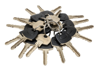 Collection of Various Keys on Keyring Against a White Background for Home, Office, and Vehicle Access Needs