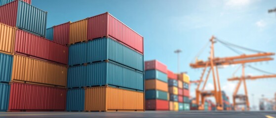 A vibrant stack of shipping containers dominates the foreground, with cranes and a clear sky in the background, illustrating a busy port scene.