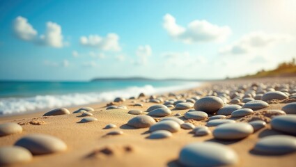 Scenic beach view in summer featuring pebbles scattered on the sand