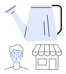 Watering can, geometric facial recognition outline, storefront. Ideal for growth, innovation, nurturing, technology, retail AI sustainability. Flat simple metaphor