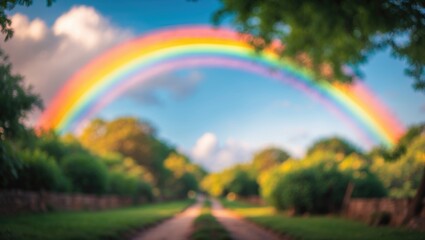 Nature park scene featuring a rainbow arching across the sky