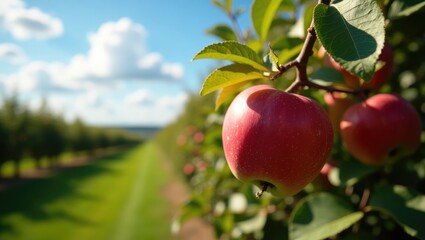 Obraz premium Orchard filled with vibrant red apples hanging from branches, harvesting ripe apples in a farm garden.