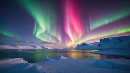 Naklejka premium Stunning Arctic Ocean View Featuring Brilliant Polar Lights Against a Striking Natural Backdrop. Captivating night scene of the Aurora Borealis illuminating a northern region. Breathtaking Antarcti...