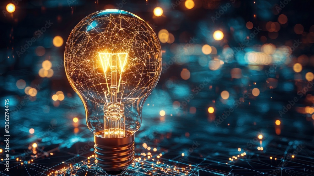 Aufkleber an illuminated lightbulb showing complex connections and illuminated sparks