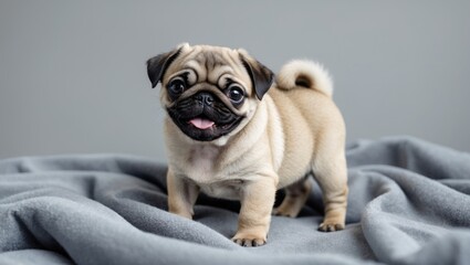 Obraz premium Adorable 6-week-old pug puppy standing on a cozy grey blanket, looking very cheerful.