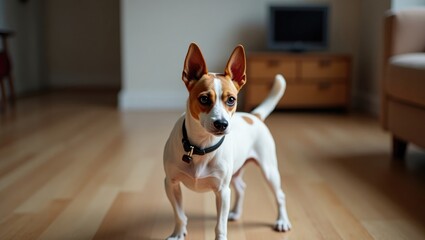Jack Russell dog facing consequences for indoor urination, sitting alone on the floor.